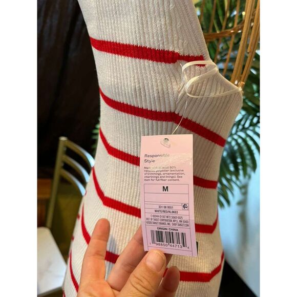 Sleeveless Knit Halter Dress Red White Striped Ribbed Summer Casual Chic M - Picture 6 of 10